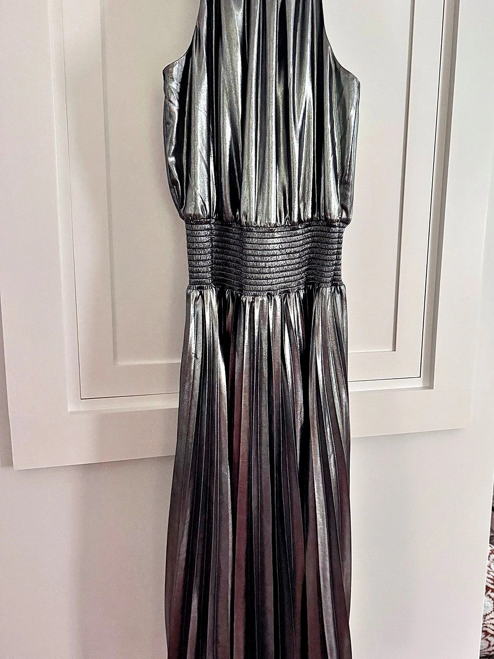 Ramy Brook Metallic Pleated Maxi Dress in Silver & Black Size 8 EUC